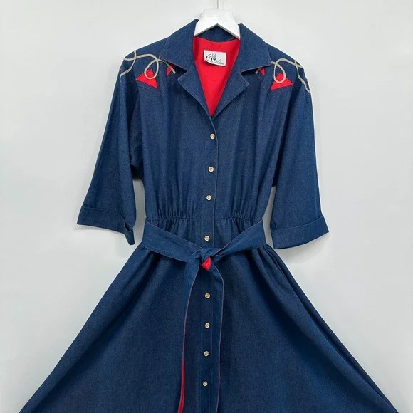 Vintage Denim Midi Dress‎ Medium Pockets Western Cottagecore Rodeo Prairie USA - Picture 3 of 11